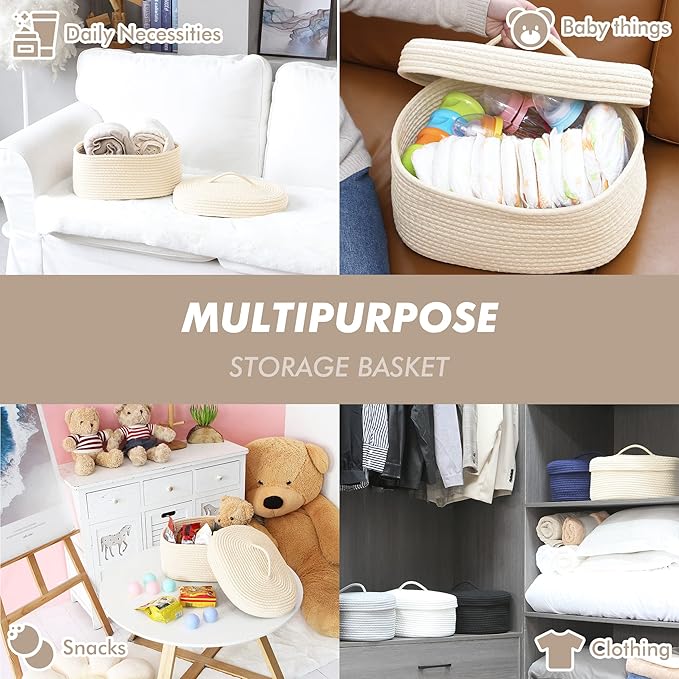 Sea Team Oval Cotton Rope Storage Basket with Lid, Lidded Woven Storage Bin, Nursery Storage Container, Diaper Caddy, Baby Shower Basket, Box, Organizer, 15 x 11 x 6.5 Inches (Medium, Cream)