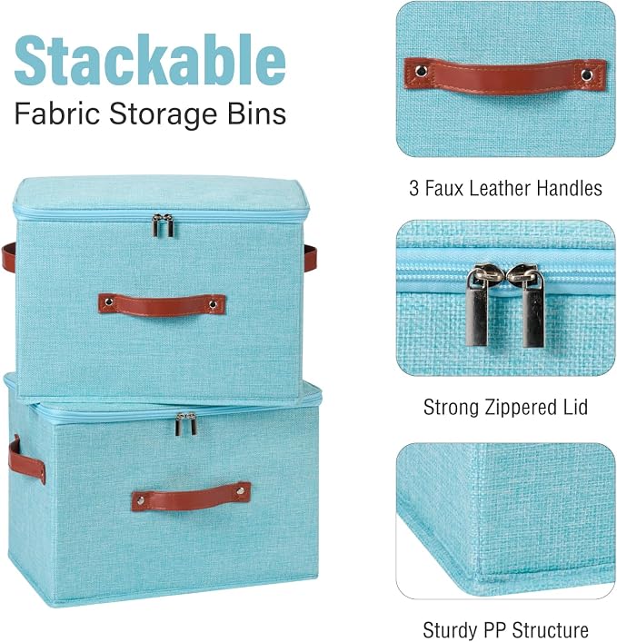 3PCS Storage Bins Boxes with Zippered Lids Cotton Linen Fabric Decorative Basket PU Leather Handles PP Plastic Board Foldable Lidded Clothing Shelf Closet Organizer Container (Blue, Large)