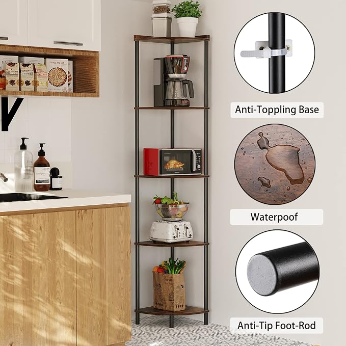 SUNMORY 5 Tier Corner Shelf Stand,Industrial 65" Corner Shelves Display Shelf for Living Room Decor,Wall Corner Bookshelf Multi Unit Organizer,Tall Shelf Plant Stand for Bedroom,Bathroom,Small Space