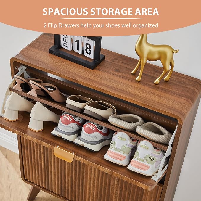 RARZOE Fluted Shoe Cabinet for Entryway, 27.5''Walnut | Narrow Curved Shoe Storage Cabinet with 2 Flip Drawers, Slim Shoe Rack Organizer for Foyer, Hallway, Fits Size 11 Shoes