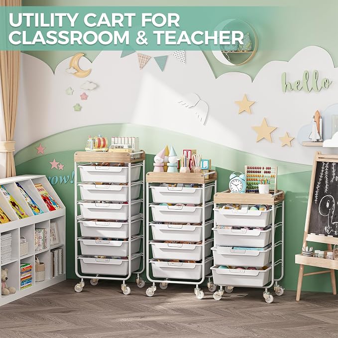 6 Drawer Rolling Cart for Craft Storage,Utility Drawer Organizer with Handle and Wooden Top, Storage on wheels for Office, Classroom,Laundry，Garage, Snack,Art Supply,White