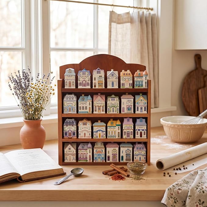 Chunful Vintage Spice Jar Wooden Rack Wood Color Natural Spice Shelf for 24 Jars, Village Style Wall Mounting Kitchen Storage Decorative Hanging Display Rack, Shelf Only(17 x 14.5 Inches)