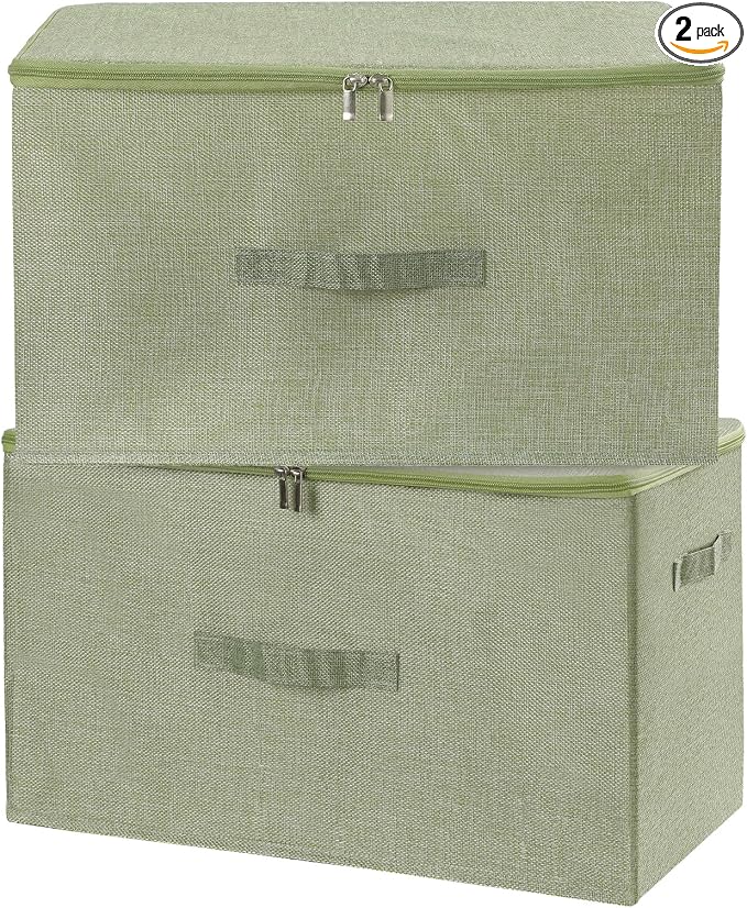 ANMINY 2PCS Storage Bins with Zipper Lids 51.9 Qt Lidded Fabric Storage Boxes Baskets Cubes with Handles Collapsible Washable Cotton Linen Closet Shelf Clothes Organizer - Green, Extra Large