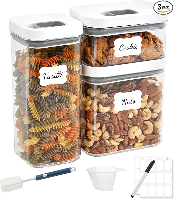 LISI 3 Pack One-Touch Seal Food Storage Containers with Lids, Airtight Stackable BPA-Free Plastic Pantry Canisters for Kitchen Organization, Includes Labels, Marker, Cups & Brush