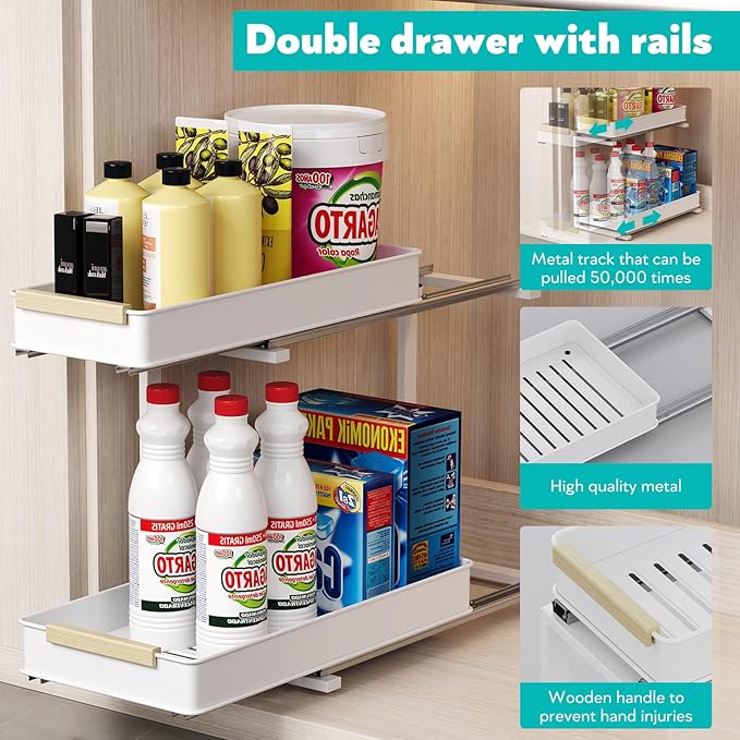 AndUp Under Sink Organizer, 2 Tiers Pull Out Bathroom Organizers and Storage, Slide Out Cabinet Organizer Shelf for Kitchen Bathroom, Multi-Purpose Collection Organizer Drawer Shelf (White, 1pcs)