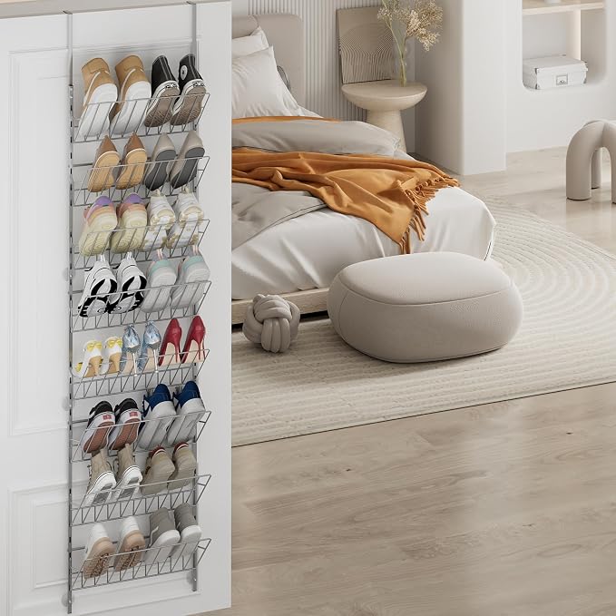SWTYMIKI Over the Door Shoe Organizer - Adjustable 8 Tier Hanging Shoe Rack Organizer, Metal Heavy Duty Behind Door Storage or Wall Mount Shoes Shelf for Flats, Heels, Sneakers, Boots, Silver
