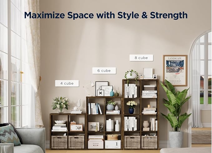 7 Cube Storage Organizer, Cube Shelf with Heavy-Duty Thick Boards, 25.12" L x 9.37" W x 48.74" H, Smooth Easy-Clean Panels, Simple Assembly, for Living Room Bedroom, Brown