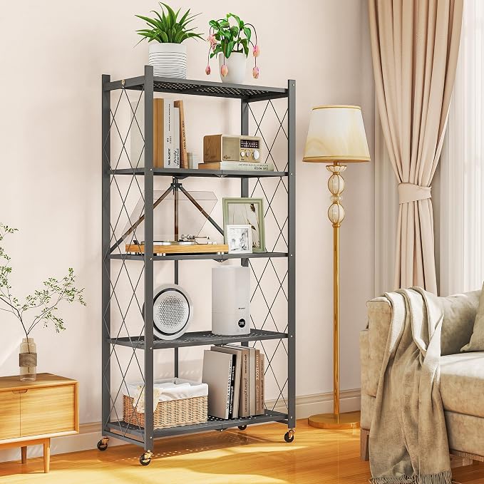 5-Tier Folding Metal Storage Rack - 63" Heavy-Duty Steel Frame with Wheels, No Assembly Utility Organizer, Rolling Shelving Unit for Kitchen, Garage, Pantry, Bedroom (Gray, 5 Tier)