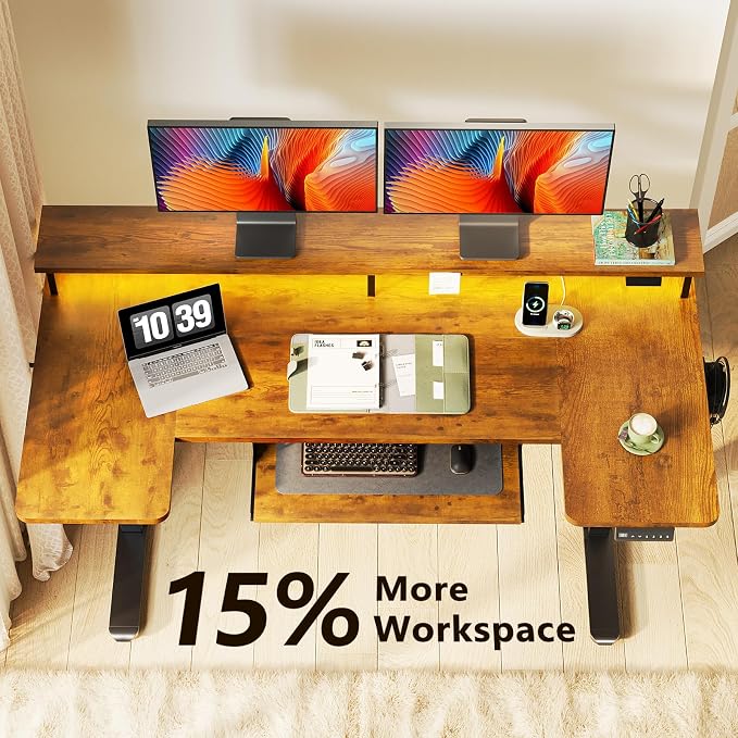 OffiGo 55 Inch U Shaped Standing Desk with Keyboard Tray, Rustic Brown | 3 Outlets & 2 USB Ports, Monitor Stand, 10 Colors & 10 LED Modes, 3 Presets, 28.3"-46.5"in Range, 154 lb Capacity