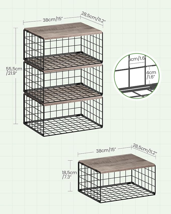 CHOEZON 3-Tier Stackable Closet Organizers and Storage, Closet Shelves Storage Bin Baskets with Wooden Upper Surface, Clothes Storage Cubes for Wardrobe and Closet Organization, Greige and Black