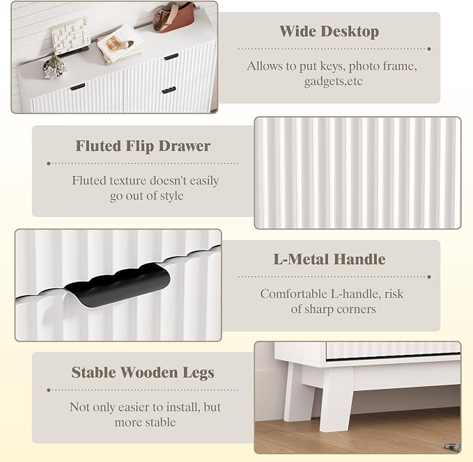 HUANLEGO Shoe Cabinet Storage for Entryway with 6 Flip Drawers, Fluted Narrow Shoe Organizer with Wooden Legs, Freestanding Slim Shoe Storage Hidden Shoe Rack Organizer for Front Door Entrance, White