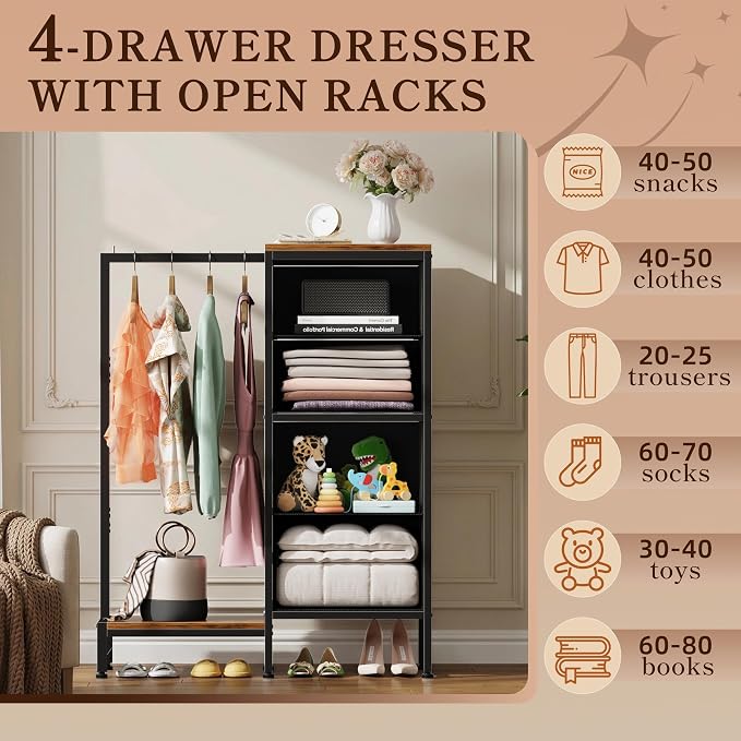 HIGDBFE Tall Dresser 44''H with Hanging Rack, 4 Drawers Small Closet Dresser for Bedroom, Reversible Fabric Chest of Drawers with Clothes Rack, Tall Storage Tower, Sturdy Frame, Rustic Brown