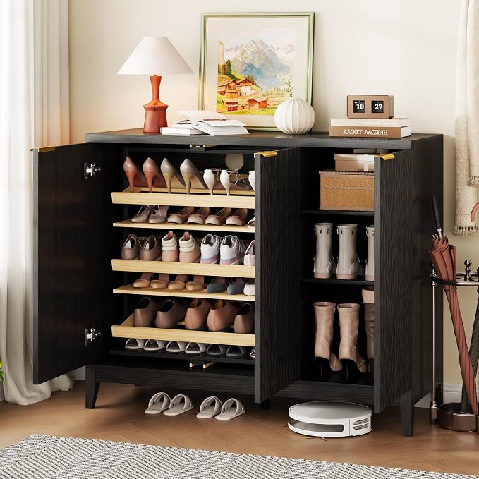 Vlsrka Shoe Storage Cabinet with Fluted Doors and Adjustable Shelves | 6 Tier Wooden Shoe Organizer, Large Capacity, Human Sensor Lighting, 180° Rotating, for Entryway, Hallway, Living Room, Black