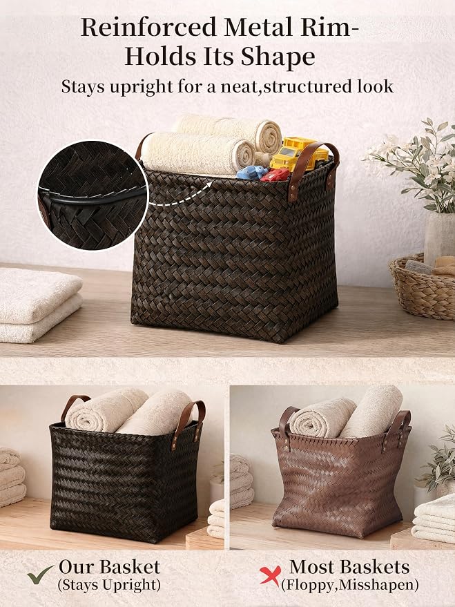Hand Woven Baskets for Storage, 4Pcs Water-Resistant Wicker Baskets, Dark Gold Wicker Storage Baskets for Shelves, Large Basket with Handle for Organizing, Clothes, Laundry, Blanket - Square