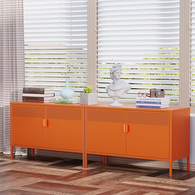 Ustamio Orange Wide Metal Locker Storage Cabinet, 2 Door Metal Accent Cabinet for Home and Office, 2 Tier Low Metal Cabinet with Doors and Shelf, Multipurpose Metal Tv Stand Cabinet