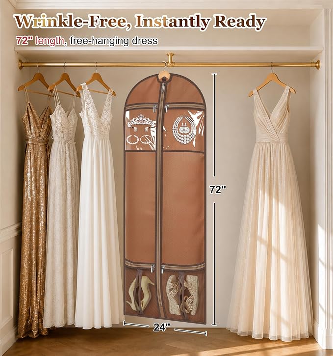 MISSLO 72" Wedding Dress Garment Bag for Travel with 4 Large Pockets Dress Bags for Gowns Long Heavy Duty Dresses Protector Bag for Closet Storage Clothing Covers for Hanging Clothes, Beige
