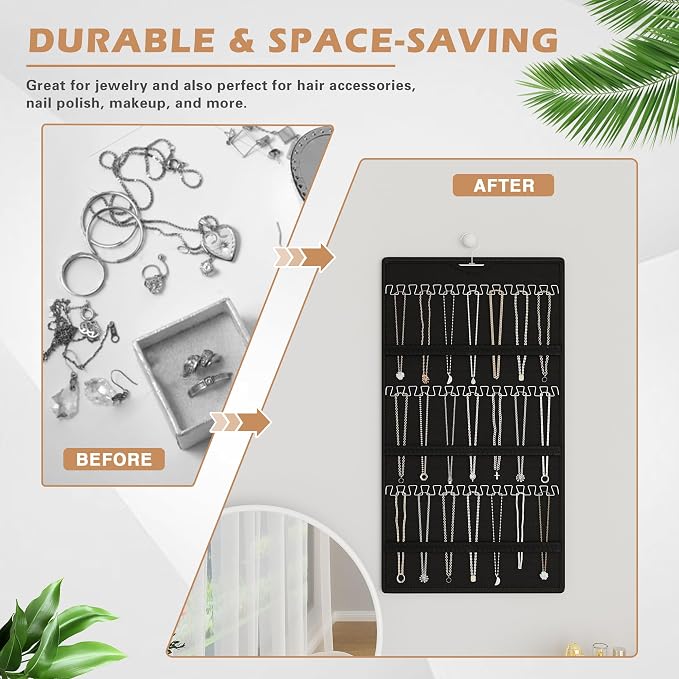 Hanging Jewelry Organizer, Double-Sided Necklaces Holder, Black | 42 clear pockets organize rings & earrings; 36 wire necklace hooks reduce tangles; top hook hangs in closets, walls or doors.