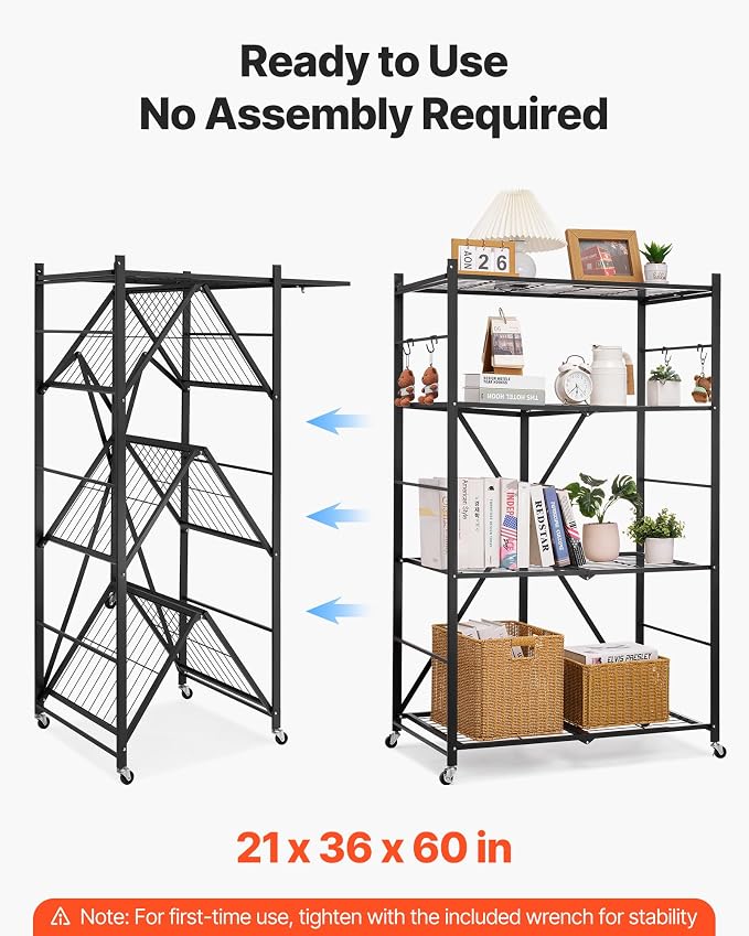 VEVOR 4-Tier Foldable Storage Shelf, 36W x 21D x 60H Inch Folding Metal Rack Shelving Unit, No Assembly Organizer Shelf with 5 Wheels & 4 Hooks for Pantry, Kitchen, Garage, Basement, Black