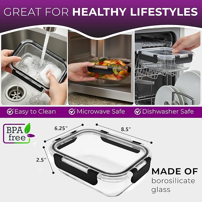 Glass Food Storage Containers Bowls with Airtight Snap Locking Lids for Meal Prep Leftovers Baking Lunch Boxes Dish (Black, 35oz Rectangle 4 Pack)