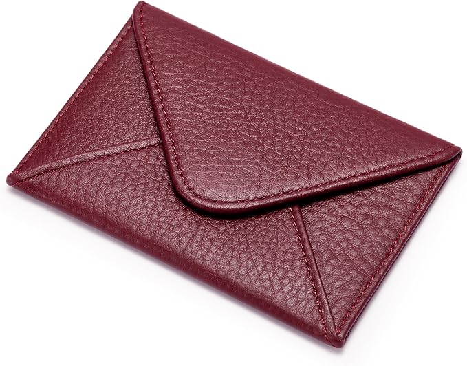 HISCOW Italian Pebbled Leather Business Card Holder, Minimalist Full Grain Envelope Card Case with Hidden Magnetic Closure, 0.19 Inch Slim Front Pocket Wallet for Men and Women, Bordeaux