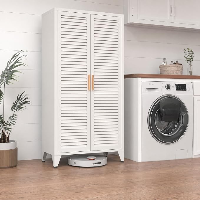 White Metal Storage Cabinet with Doors and 3 Adjustable Shelves 61"Tall Multifunctional Steel Heavy-duty Storage Locker for Kitchen Living Room Bedroom Home Office School 61"H X 27.6"W X 13.8"D