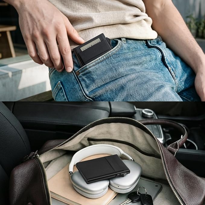 Pop Up Wallet For Men, Bauhaus Minimalist Aluminum RFID Blocking Card Holder, Vegan Leather EDC Wallet With ID Window, Elastic Cash Pocket For Daily Travel Business