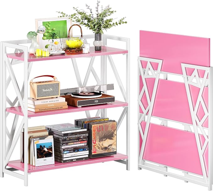 UDD No Assembly Wide Folding Bookshelf, 34" H x 30.9" W, 3 Tier Foldable Book Shelf Industrial Bookcase, Vintage Collapsible Storage Shelves for Home Office Living Room Bedroom, Pink White