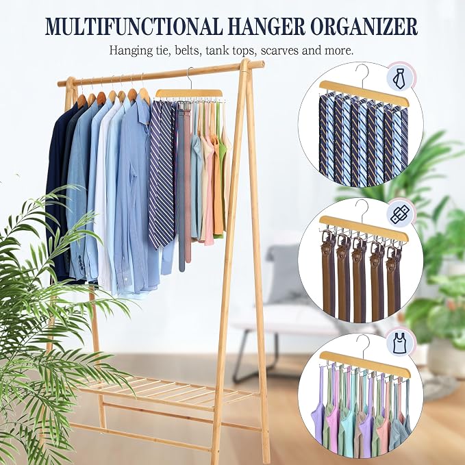 2PC Tie Rack Organizer, Tie Hanger for Closet with 20 Foldable Hooks, Wood | Non Slip Neck Tie Organizer, Large Capacity, Space Saving, 360° Rotating Hook, Fits for Tank Tops Bras Cami Scarves