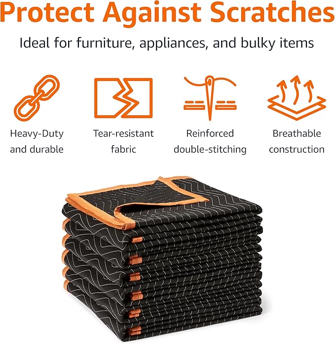 Amazon Basics Reinforced Tear-Resistant Moving Blankets, 72" x 40", Black, 6-Pack