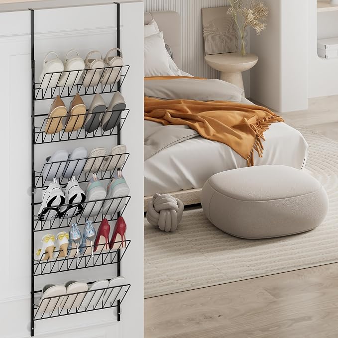 SWTYMIKI Over the Door Shoe Organizer - Adjustable 6 Tier Hanging Shoe Rack Organizer, Metal Heavy Duty Behind Door Storage or Wall Mount Shoes Shelf for Flats, Heels, Sneakers, Boots