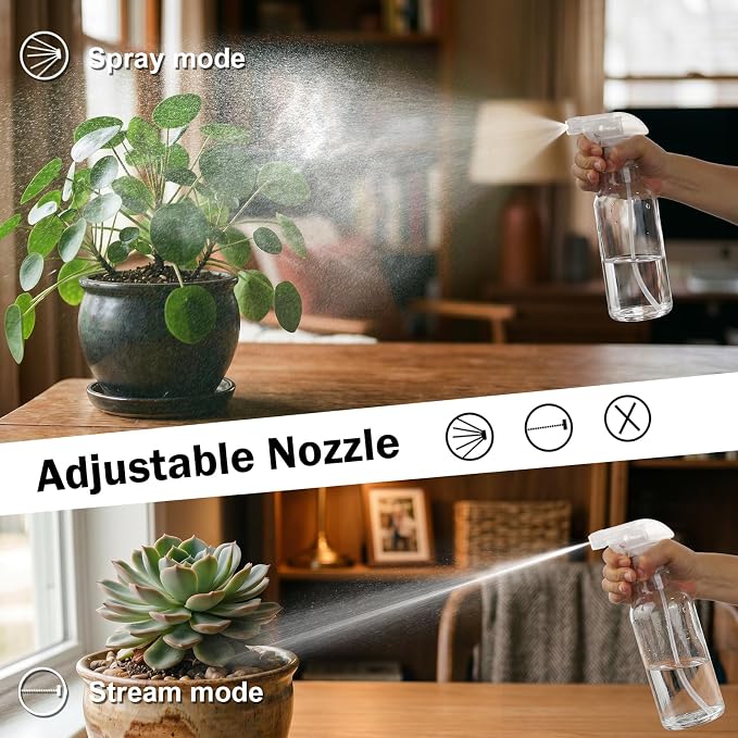 16.9oz Glass Spray Bottles 2 Pack, 360° Any-Angle Spraying | Refillable Leak-proof Bottles with Adjustable Nozzle; Ideal for Cleaning, Essential Oils, Plants & Hair Care