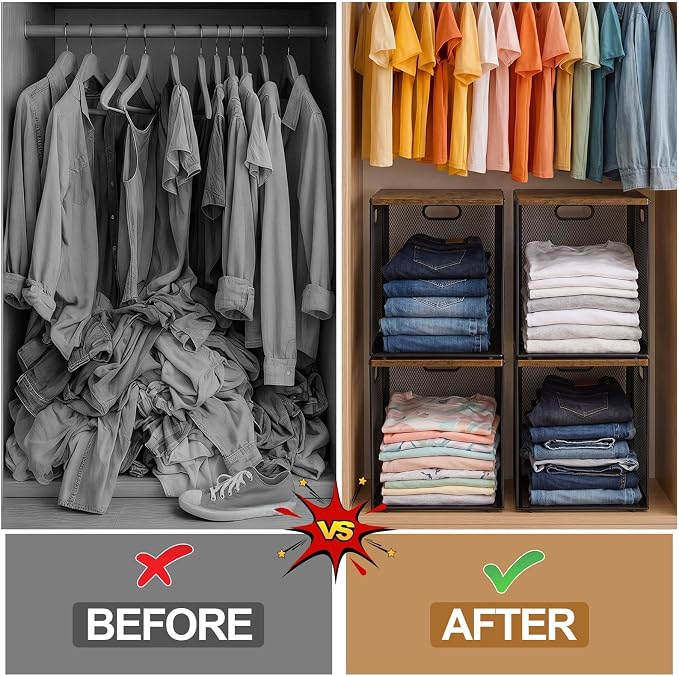 AceOrbit 3 Pcs Heightened Stackable Closet Organizers and Storage with Wood Foldable Top Metal Cube Closet Shelf DIY Space Saving Linen Cloth Shoe Bed Sheet Bin Wardrobe Bedroom (12"x12"x15.7", Dark)