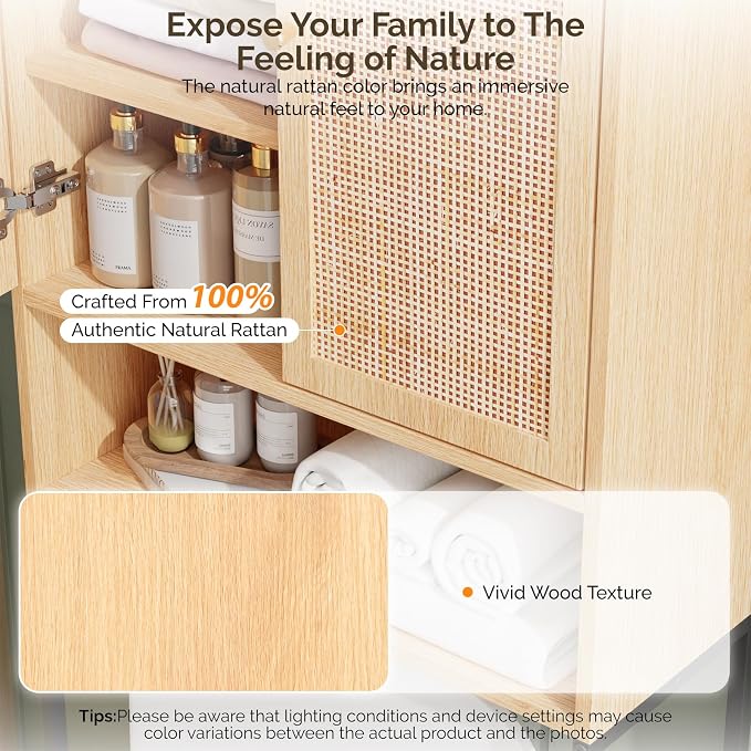 VINGLI Over The Toilet Storage Cabinet, Rattan Bathroom Organizer Behind Toilet,Above Metal Stand Rack Tall Freestanding Wood Cabinet with Wicker Doors,Adjustable Shelf for Bathroom,Restroom,Bohemian