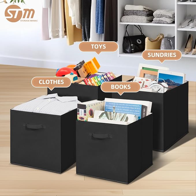 STORAGE MANIAC Storage Cubes, 13 Inch Collapsible Storage Bins with Handles, 6 Pack Fabric Foldable Bins for Organization, Durable Storage Bins for Closet, Shelves, Offices, 6-Pack Black
