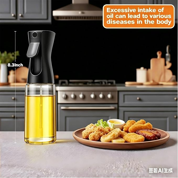 Olive Oil Sprayer for Cooking, 220ml Glass Oil Dispenser for Kitchen Gadgets, Food Grade Premium Spray Bottle, Continuous Spray with Portion Control, for Salad, Frying, BBQ