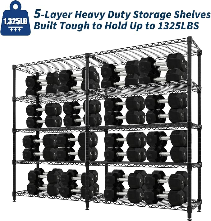 5-Tier Metal Storage Shelves, 60" Wide Wire Shelving Unit, 1325LBS Load Heavy Duty Adjustable Corner Standing Shelf Rack, H/L-Shaped, for Garage. Kitchen, Pantry, Basement,13.8" D x 70.5" H
