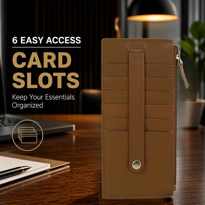 All in One Card Case Holder Slim Wallet With a Card Protection Strap by Leatherboss (Tan)