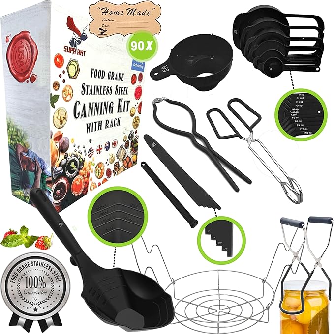 Supa Ant Complete Canning Supplies Starter Kit – 10pc Food-Grade Steel Set with XL Ladle, 6 Measuring Cups, Jar Lifter, Funnel, Canning Rack (7-Jar Capacity) & 90 Labels – Beginner-Friendly, Black