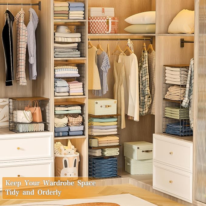 Huxitocan 4-Tier Stackable Closet Organizers and Storage Shelves, Closet Storage Basket with Wood Tops, Adjustable Height Dividers Closet Storage Bins for Home Closet Organizer System, Black