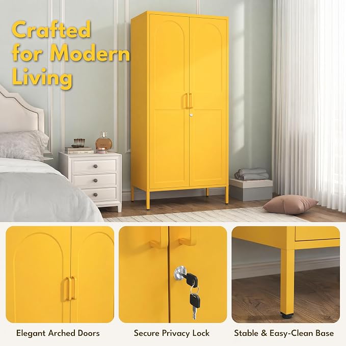 Lockable Metal Wardrobe Closet with Doors, 67" Coat Closet,Metal Storage Cabinet Locker with Removable Hanging Rod And Adjustable Shelves for Home Bedroom Office Yellow Size：67" H X 31.5" W X 18.1" D