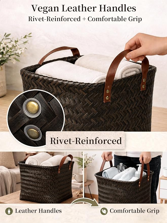 Hand Woven Baskets for Storage, 4Pcs Water-Resistant Wicker Baskets, Dark Gold Wicker Storage Baskets for Shelves, Large Basket with Handle for Organizing, Clothes, Laundry, Blanket - Square