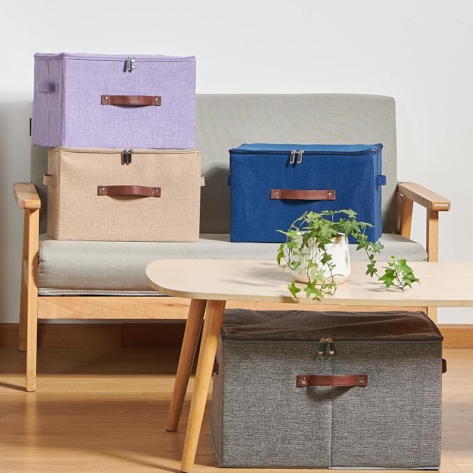 2 Pack Storage Bins with Zipper Lid Cotton Linen Fabric Lidded Storage Baskets Boxes Foldable Washable Closet Shelf Clothes Organizer Container with PU Leather Handles (Teal Blue, Small)