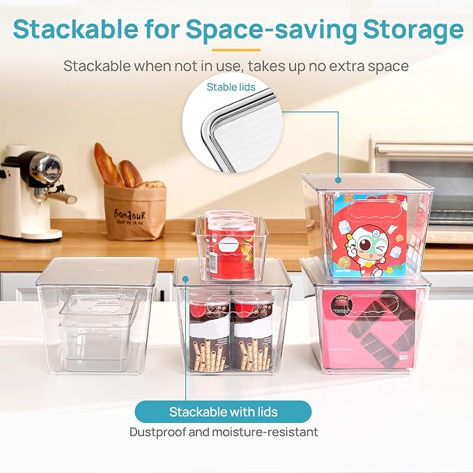 Vtopmart 10 Pack Clear Plastic Storage Bins with Lid Set, 6 Large and 4 Small Pantry Organizers and Storage Bins with Handle, Storage Containers for Pantry, Kitchen, Fridge, Cabinet Organization