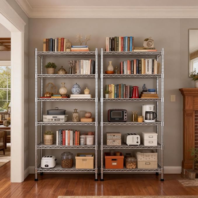 AIRAJ 33”W Storage Shelves with Wheels | 5 Tier Wire Shelving | 1500 LBS Metal Shelving | Garage Shelving Units and Storage | Wire Rack Adjustable Layer Height | 33”W×13”D×73” H| Electroplated Silver