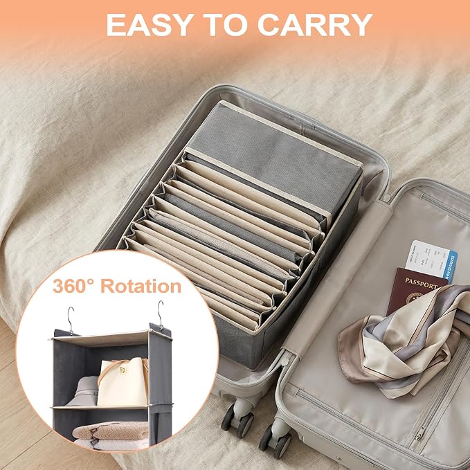 6 Tier Shelf Hanging Closet Organizer, Closet Hanging Shelf with 2 Sturdy Hooks,1 Sock Bag and 5 White Garment Bags, for Clothes, Shoes, Hats, Dorms and RVs, Foldable (Grey)