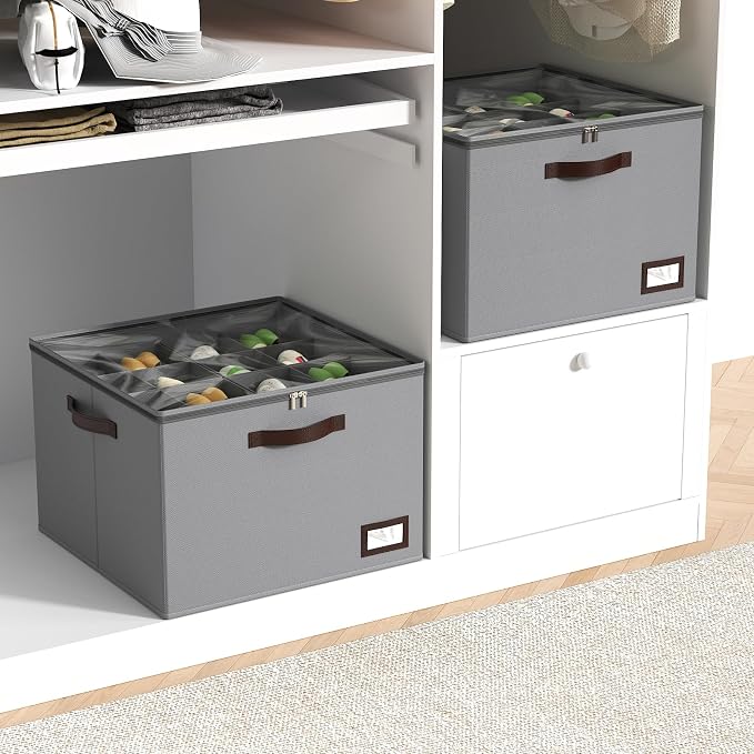 OIAHOMY 2 Pack Shoe Organizer for Closet, Large Foldable Shoe Storage Bins with Dividers and Reinforced Handles, Each Clear Cover Sneaker Box Fits Up to 16 Pairs for Entryway and Bedroom, Grey