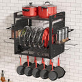 16 Inch Pot Rack Wall Mounted, 2-Tier Pots and Pans Organizer with 10 Hooks & Pan Organizer and Spice Rack, Heavy Duty Hanging Pot Hanger for Kitchen Cookware, Utensils, Black