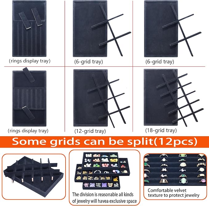 12 Set Jewelry Trays Organizer Stackable Jewelry Display Case Storage Box for Earring Necklace Rings Bracelet Watch, Black
