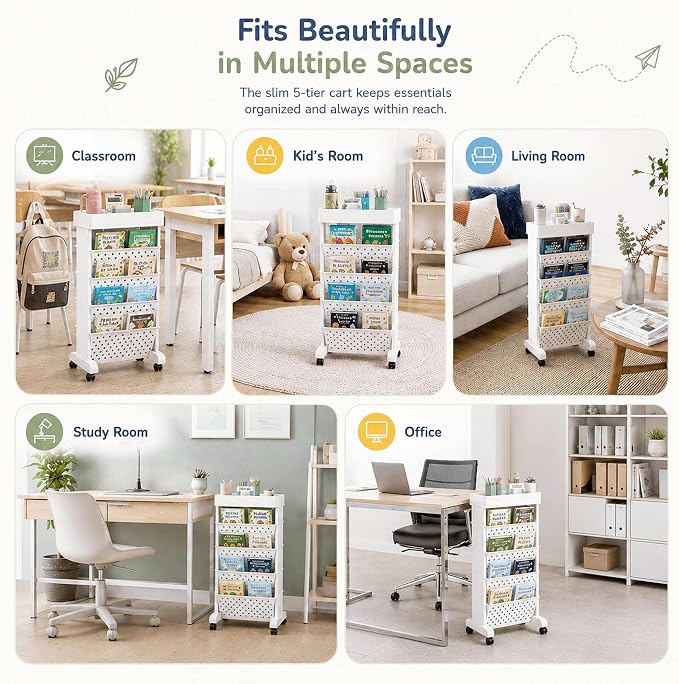 5-Tier Rolling Bookshelf Cart with Wheels, White | Slim Mobile Book Cart, Plastic Magazine Rack Rolling File Paper Organizer for Home Office Study Classroom Living Room