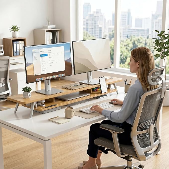 Fenge Dual Monitor Stand, Monitor Stands Riser for 2 monitors, 47.2 Inch Wood Desk Shelf with Storage Organizer and Cable Management for Office Desk Accessories